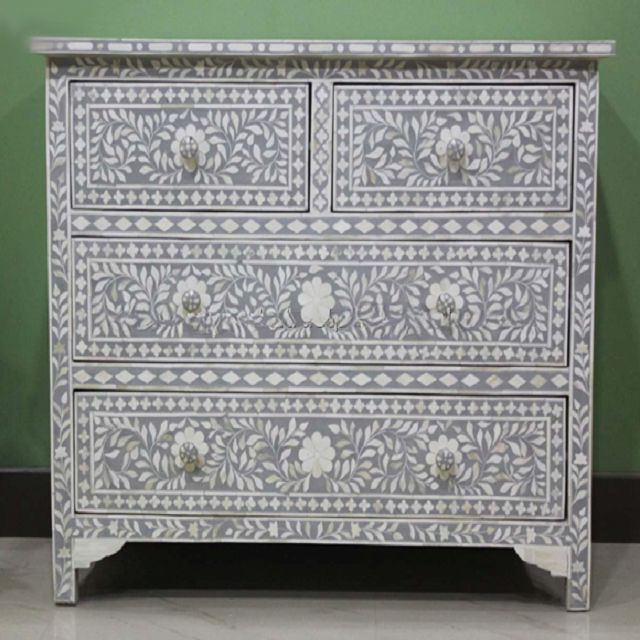 Luxury Black White Bone Inlay Dresser Handmade Wooden Storage Cabinet Moroccan Style Chest of Drawers Artisan Bedroom Accent Furniture for Living Room