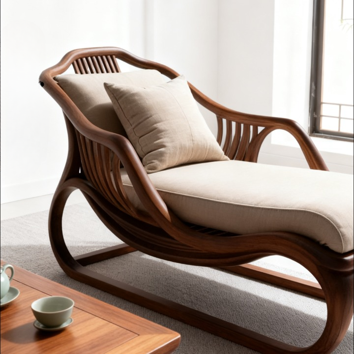 Ash Wood Chaise Lounge Chair with Cushions and Sculpted Frame