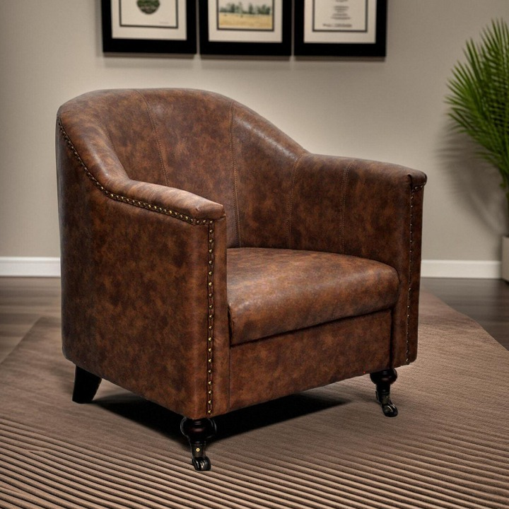 Brown Distressed Leather Club Chair, Vintage Tub Barrel Accent Chair with Nailhead Trim, Upholstered Single Sofa Armchair for Living Room, Bedroom, Office, Hotel Lobby