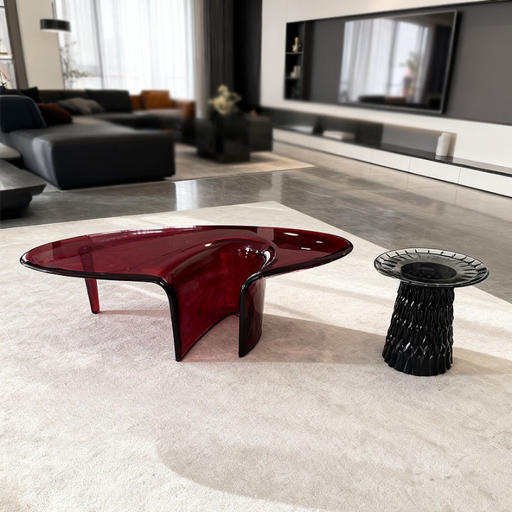 Brown Resin Coffee Table, Organic Waterfall Cocktail Table for Living Room, Modern Transparent Accent Center Table for Apartment, Lounge and Reception Area