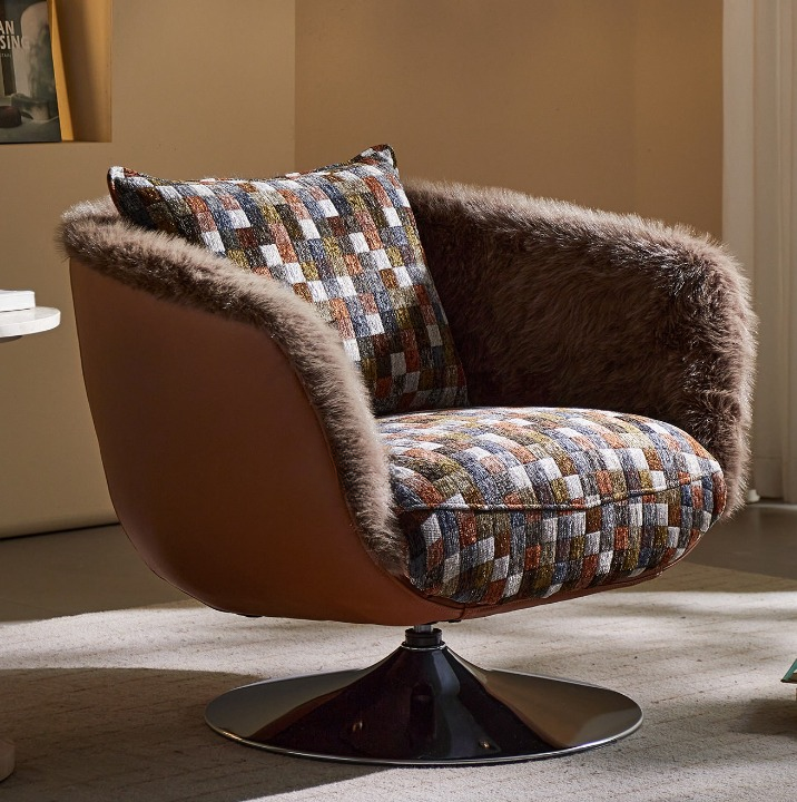 Plaid Swivel Accent Chair, Retro Upholstered Lounge Chair with Faux Fur Trim and Metal Pedestal Base for Living Room, Bedroom and Reading Corner