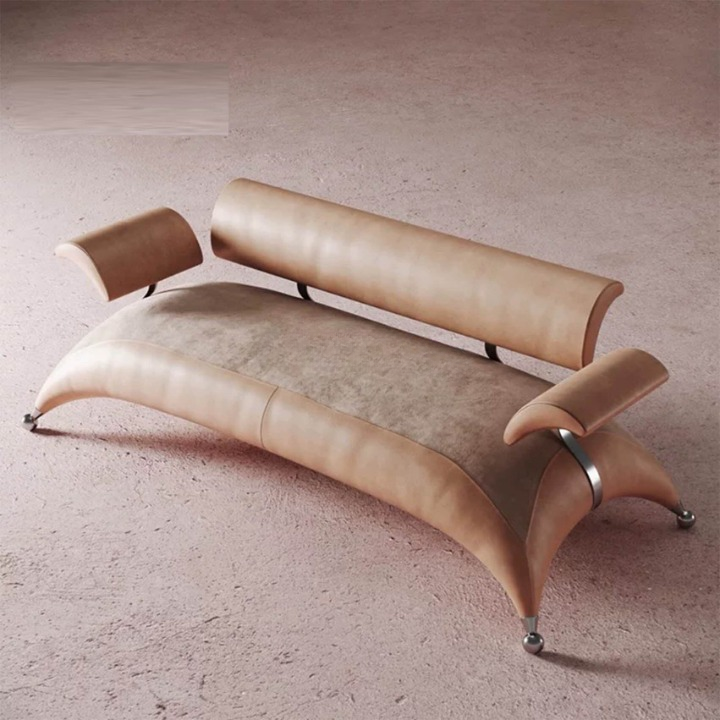 Modern Brown Leather Chaise Lounge Sofa, 2 Seater Upholstered Settee with Curved Metal Frame, Italian Luxury Accent Lounge Chair for Living Room, Bedroom, Hotel Lobby