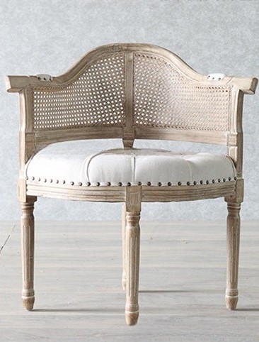 French Country Cane Armchair with Beige Tufted Linen Seat