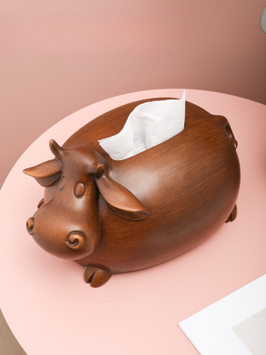 Cow-Shaped Tissue Box Cover, Wood Grain Decorative Facial Tissue Holder for Living Room, Bedroom, Office, Bathroom and Coffee Table, Brown