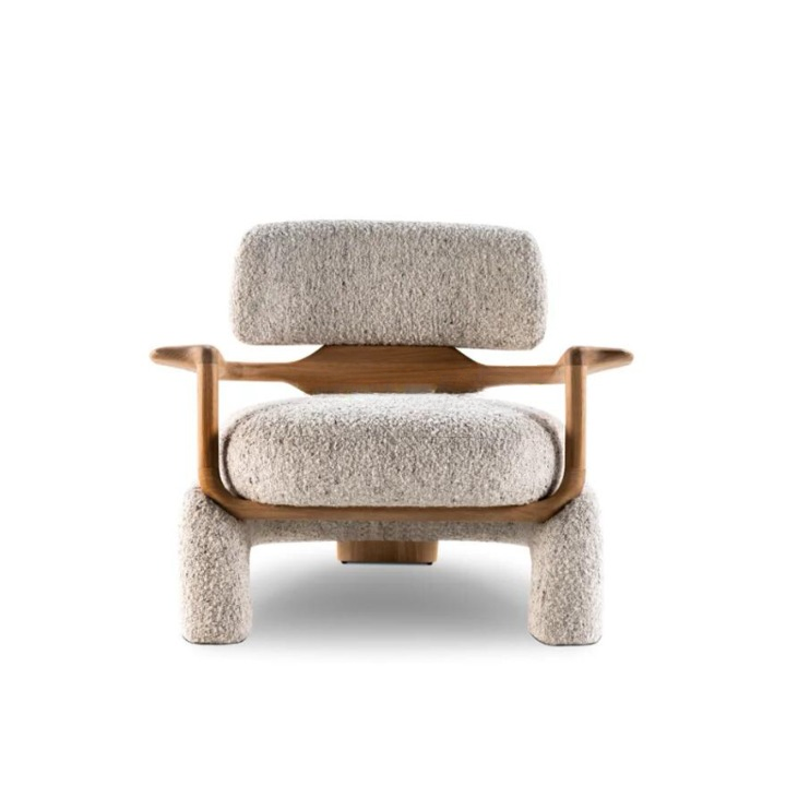Gray White Boucle Accent Chair with Solid Wood Arms for Living Room