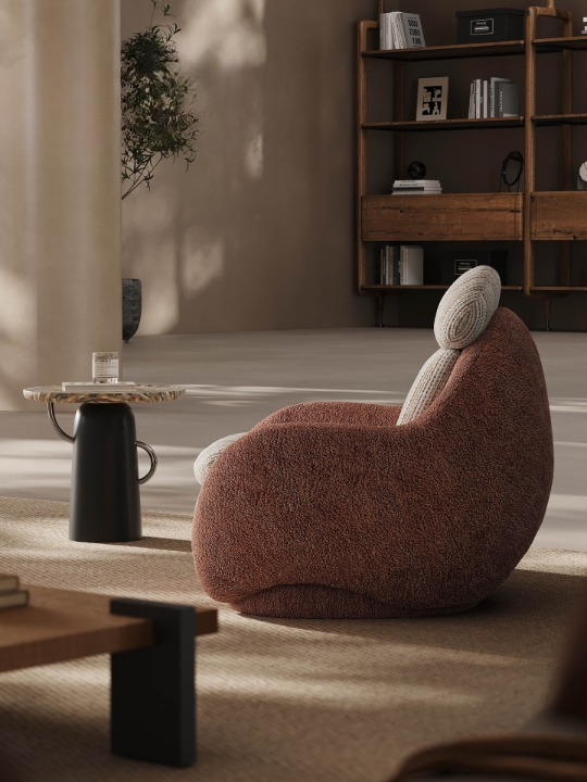 Terracotta Swivel Accent Chair, Oversized Boucle Lounge Chair with Head Pillow, Curved Armchair with Textured Woven Cushion for Living Room Bedroom Reading Corner