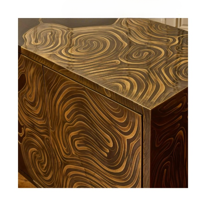 Dark Wood Sideboard Cabinet, Modern Storage Cabinet with Gold Line Art Door Fronts, Italian Minimalist Buffet Cabinet for Living Room Dining Room Entryway