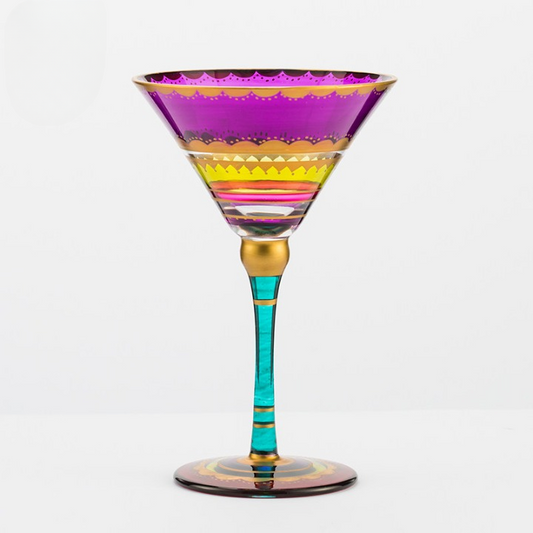 Hand Painted Purple Martini Glass, 8.5 oz Colorful Striped Cocktail Glass with Gold Rim, Tall Stem Decorative Glassware for Home Bar, Parties, Margaritas, Mocktails and Entertaining