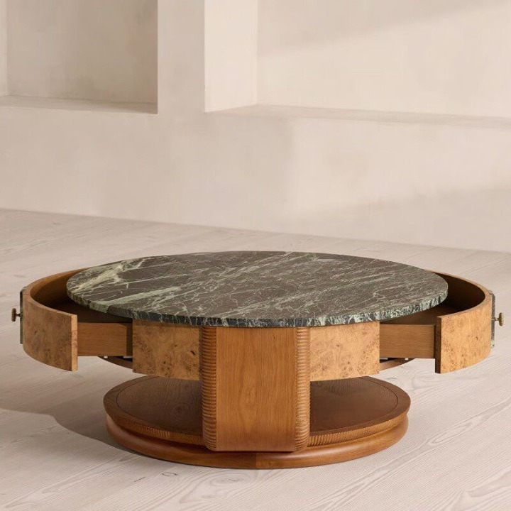 Round Marble Top Coffee Table, Solid Wood Carved Center Table with Lower Shelf for Living Room, Villa, Hotel Lounge, Vintage Cocktail Table