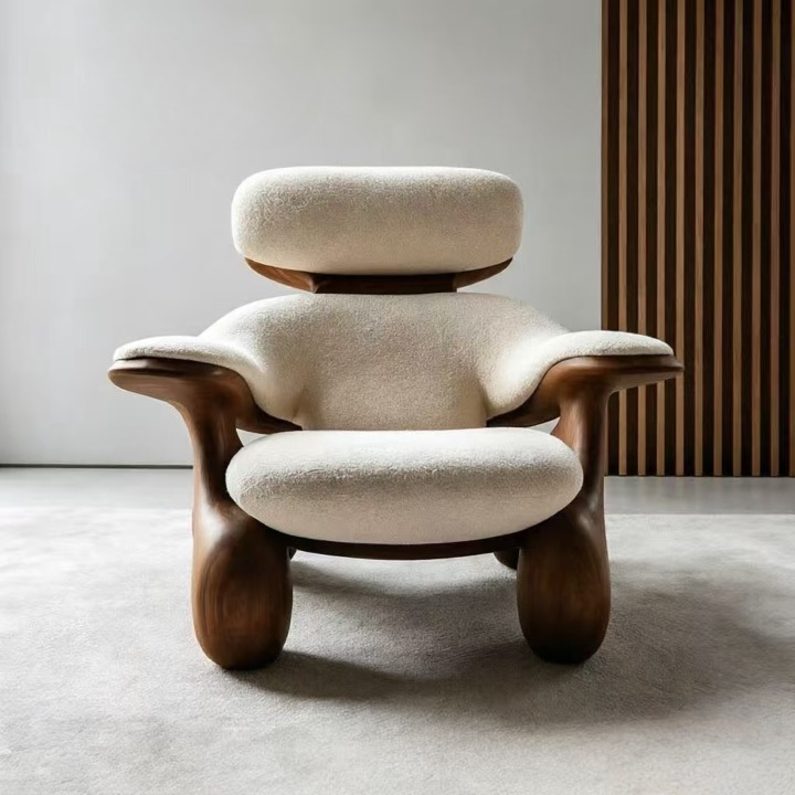 Modern Sculptural Ash Wood Accent Chair with Cream Bouclé Upholstery, Oversized Lounge Armchair for Living Room, Bedroom, Reading Nook and Hotel