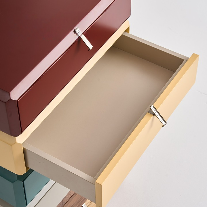 Rotating 6 Drawer Chest, Multicolor Wood Storage Cabinet, Modern Stacked Dresser with Walnut Veneer and Lacquer Finish, Narrow Accent Cabinet for Bedroom, Living Room and Entryway