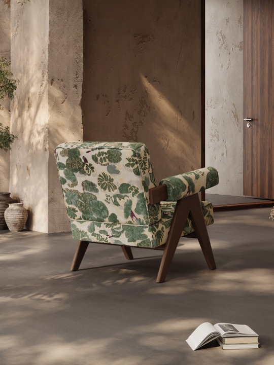 Green Botanical Accent Chair, Upholstered Lounge Armchair with Wood Frame, Mid Century Style Single Sofa Chair for Living Room, Bedroom, Balcony and Reading Corner