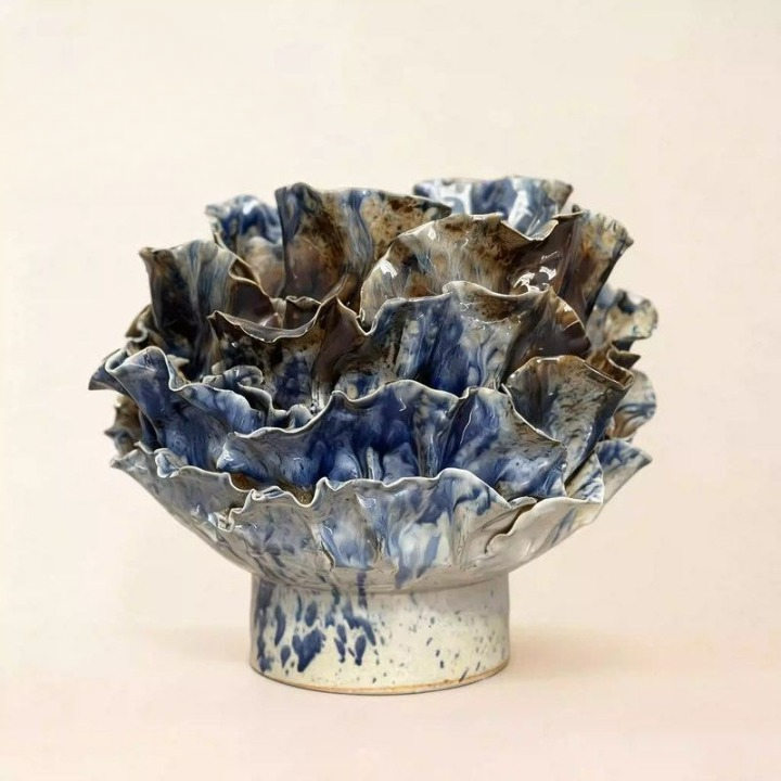 Blue Brown Handmade Ceramic Vase Set of 2, Sculptural Ruffled Petal Art Vessels with Multitone Glazed Finish for Living Room, Entryway, Dining Table and Housewarming Decor