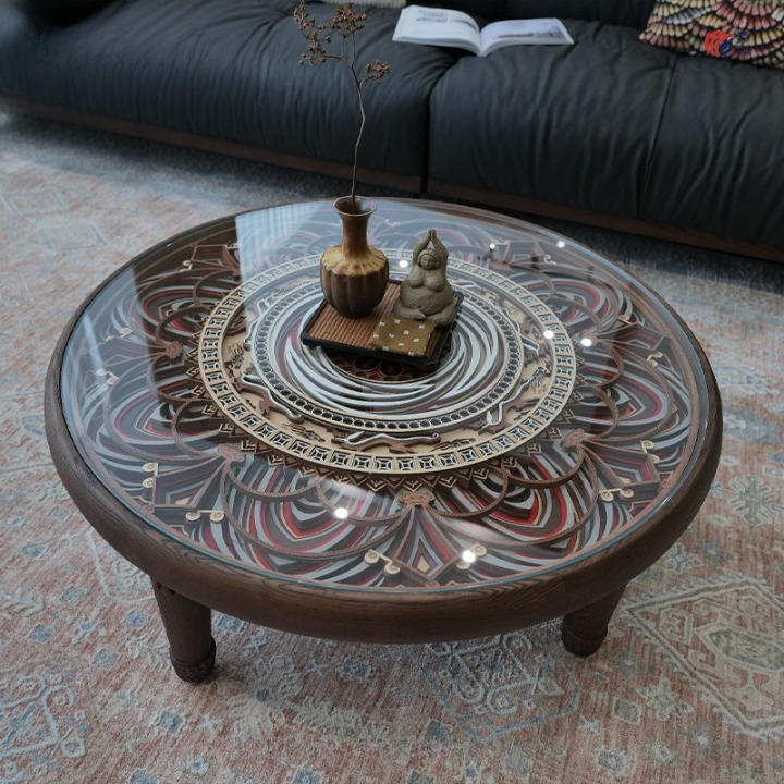 Round Carved Wood Coffee Table with Tempered Glass Top, Vintage Style Low Cocktail Table, Dunhuang Inspired Patterned Center Table with Solid Wood Legs for Living Room, Apartment, Lounge
