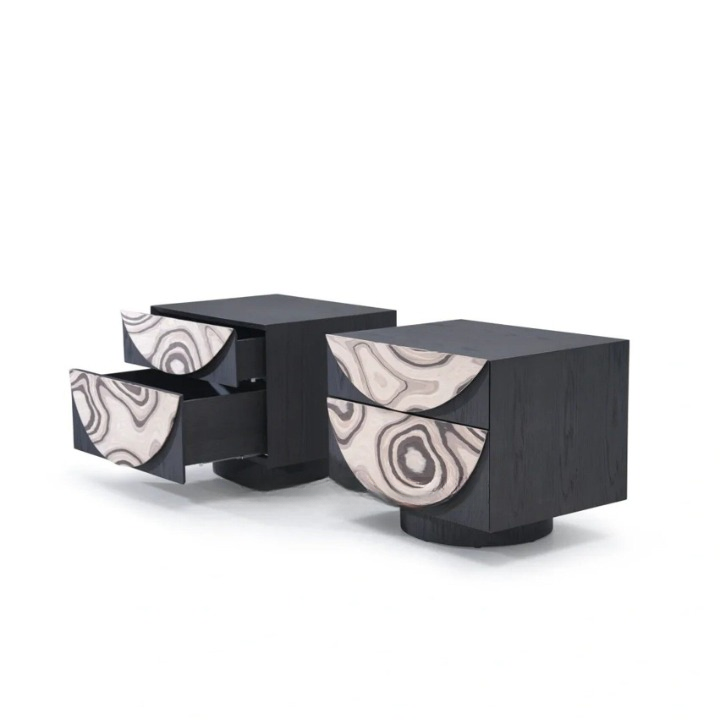 Modern Abstract Nightstand, Black Wood Bedside Table with 2 Drawers, Geometric Pattern Storage Cabinet for Bedroom, Living Room, Entryway, Hotel Room