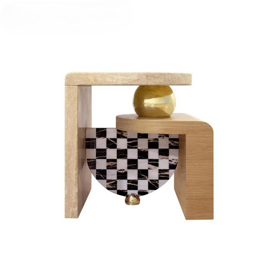 Natural Wood Side Table with Checkerboard Accent for Bedroom