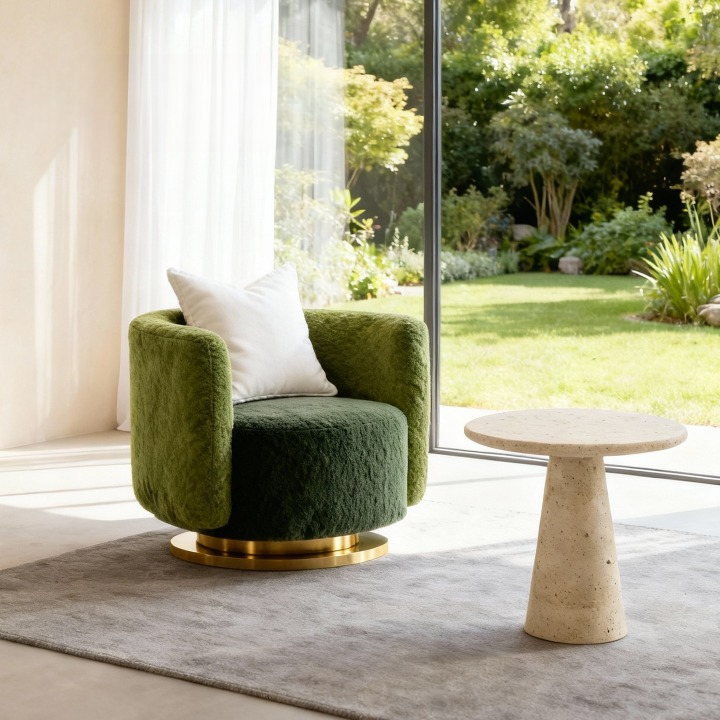 Green Chenille Swivel Accent Chair, Two Tone Upholstered Lounge Chair with Metal Rotating Base for Living Room, Bedroom, Hotel and Reception Area