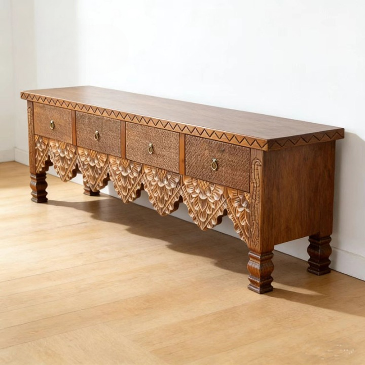 Carved Solid Wood TV Stand, 4-Drawer Rattan Media Console