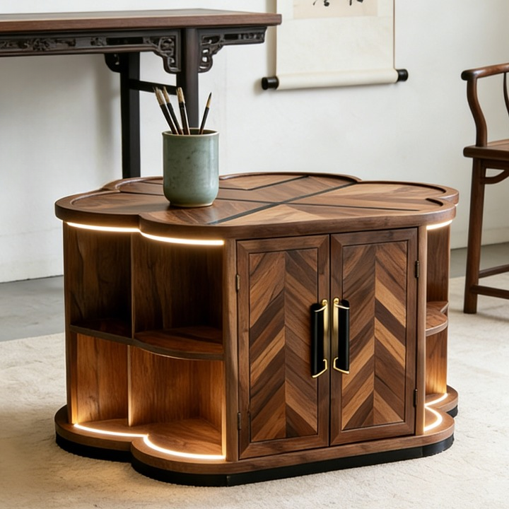 Ash Wood Flower Coffee Table with Storage and Open Shelves