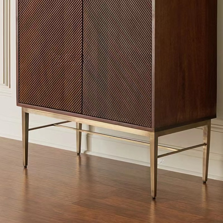 Walnut Brown Bar Cabinet with 2 Doors and Gold Metal Base