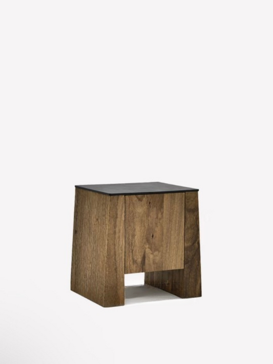 Walnut Brown Wood Nightstand with Black Sintered Stone Top, One-Door Bedside Table with Open Base Niche, Wabi-Sabi Rustic Accent Cabinet for Bedroom, Guest Room and Living Room