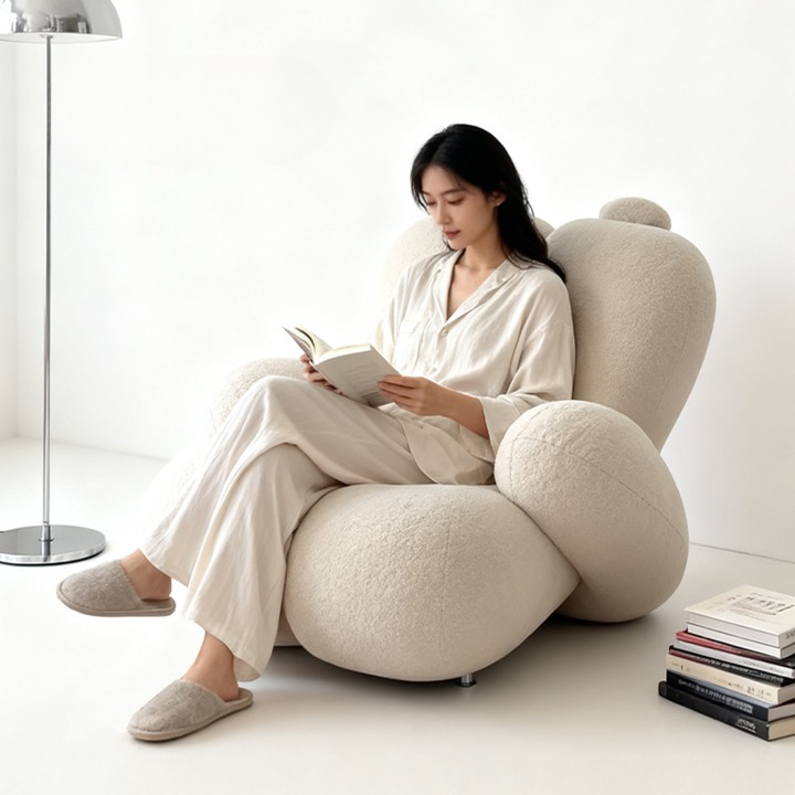 Cream Chenille Accent Chair, Curved Upholstered Lounge Chair for Living Room