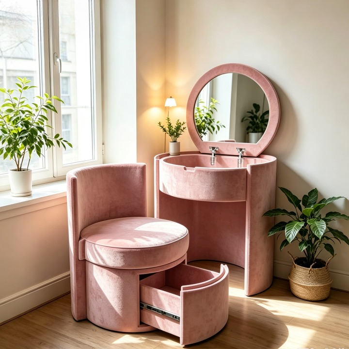 Pink Round Vanity Table Set with Flip-Top Mirror and Storage Stool
