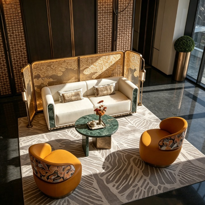 Modern Reception Sofa Set with Marble Coffee Table &amp; 2 Swivel Accent Chairs