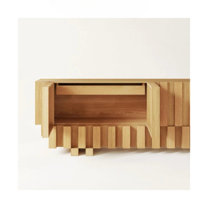 Solid Wood TV Stand, Natural Wood Slatted Media Console with Fluted Front, Wabi Sabi Entertainment Cabinet for Living Room Bedroom