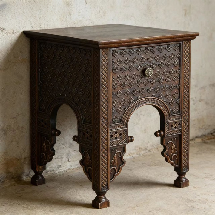 Hand-Carved Solid Wood Side Table, Square Tall Accent Table with Ornate Arched Panels and Dark Brown Finish for Living Room, Bedroom, Entryway or Lounge