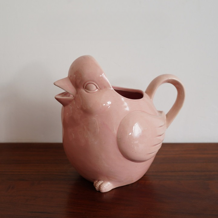 Pink Ceramic Bird Pitcher, 20 cm Decorative Water Jug for Tabletop Decor