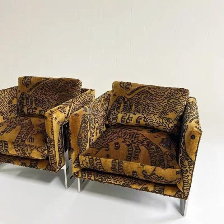 Mustard Yellow Patterned Accent Chair, Modern Upholstered Single Sofa Chair with Stainless Steel Frame, Luxury Lounge Armchair for Living Room, Bedroom, Hotel Lobby, Reception Area
