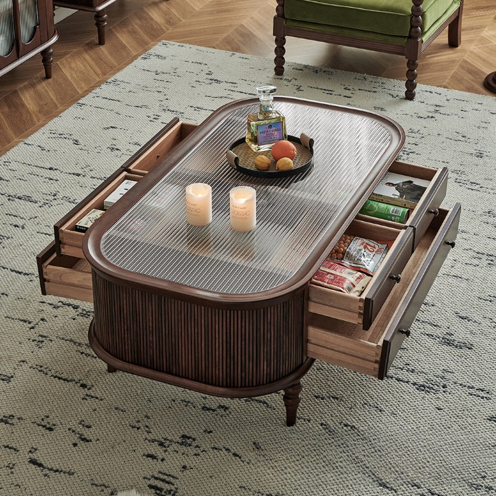 Oval Pine Wood Coffee Table with Tempered Glass Top, Vintage Style Living Room Center Table with Drawers, Fluted Side Panels and Turned Legs, Brown Storage Tea Table for Home
