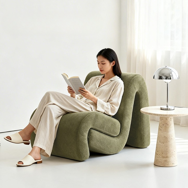 Green Linen Lounge Chair, Curved Upholstered Accent Chair with Solid Wood Frame for Hotel Lobby, Salon, Living Room and Reception Area