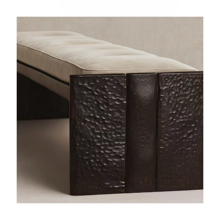 Upholstered End of Bed Bench, Solid Wood Accent Bench with Hammered Texture Frame, Wabi Sabi Bedroom Bench for Entryway, Living Room, Hallway or Foot of Bed