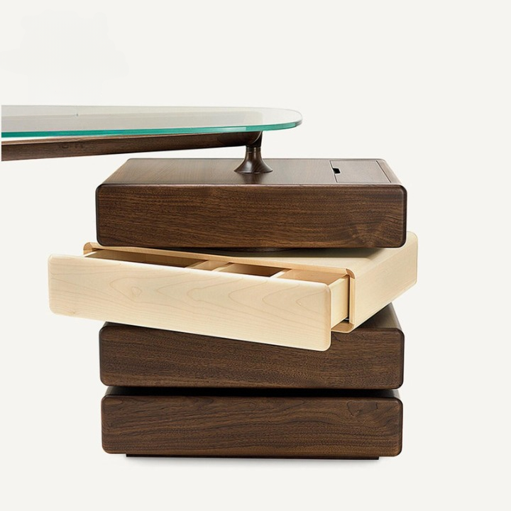 Modern Walnut Executive Desk with Glass Top and Built-In Storage, 78.7 Inch