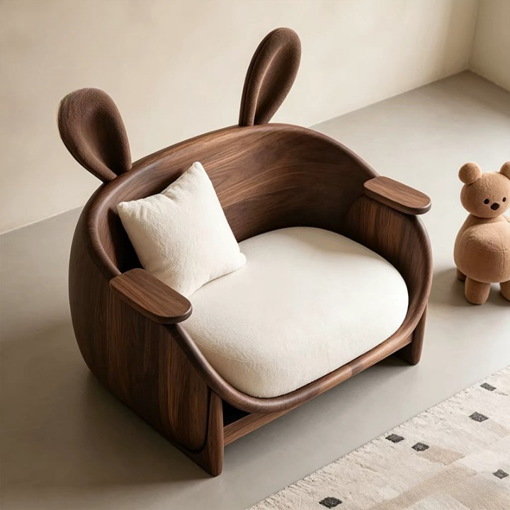 Rabbit Ear Accent Chair with Ash Wood Frame and White Cushion
