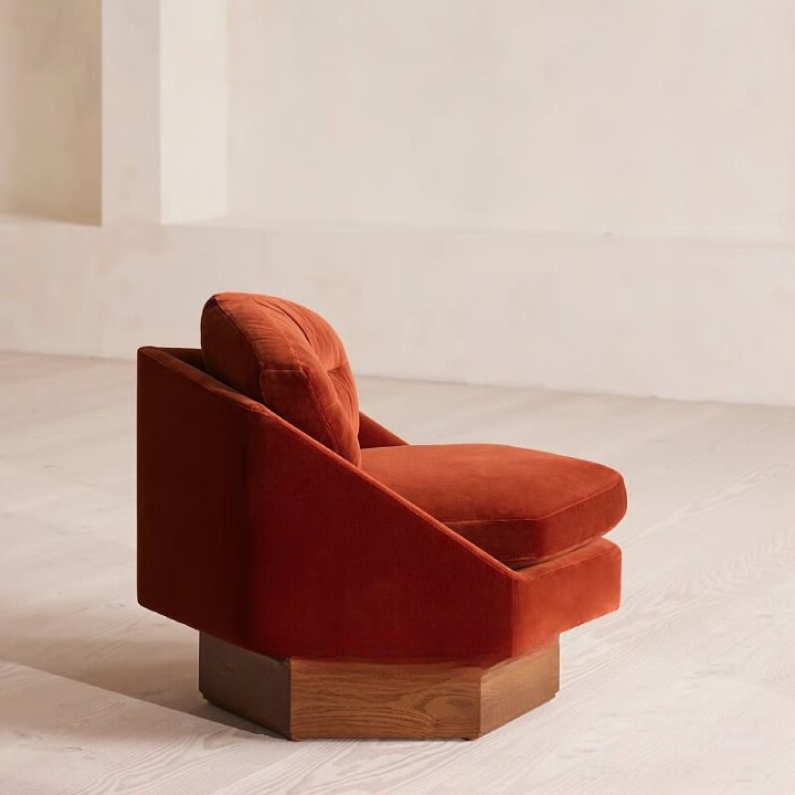 French Vintage Barrel Accent Chair, Rust Orange Upholstered Single Sofa Chair with Solid Ash Wood Base, Modern Luxury Lounge Chair for Living Room, Bedroom, Balcony, Reading Nook, Hotel and Apartment