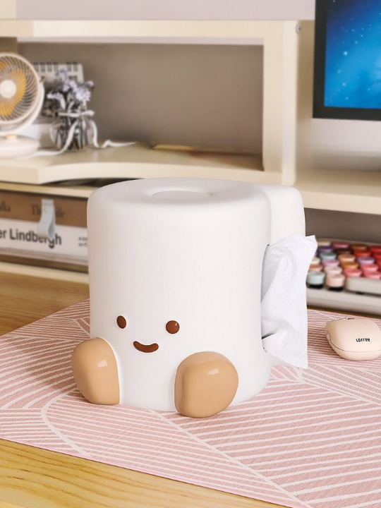 White and Beige Ceramic Character Tissue Box Holder, Cute Smiling Person-Shaped Facial Tissue Cover with Side Dispensing Opening for Living Room, Bedroom, Bathroom and Office Desk Decor