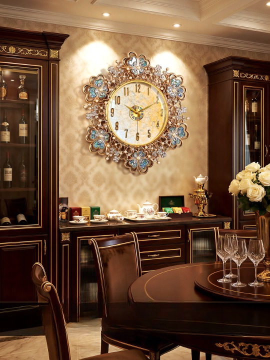 Large Gold Floral Wall Clock, Decorative Shell Style Clock with Crystal Style Accents, Silent Battery Operated Round Wall Clock for Living Room, Dining Room, Entryway, Bedroom Decor