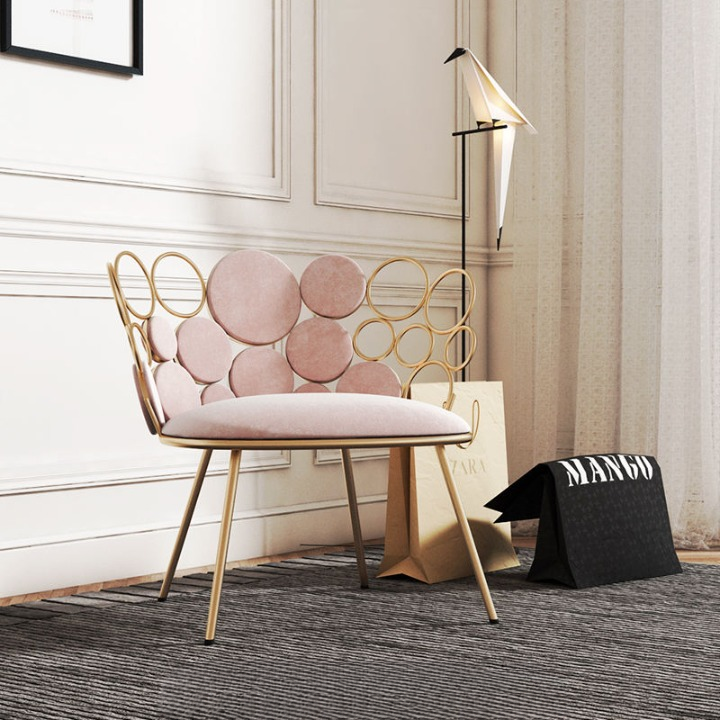 Pink Fabric Gold Metal Circle Back Accent Chair for Living Room