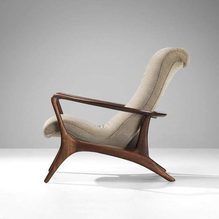 Modern Walnut Wood Lounge Chair, Curved High Back Accent Chair with Khaki Performance Fabric Upholstery, Italian Style Single Sofa Chair for Living Room, Bedroom, Balcony, Reading Nook and Small Spaces