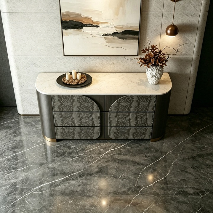 Modern Black Sideboard with 6 Drawers and Gold Accents, 55 Inch