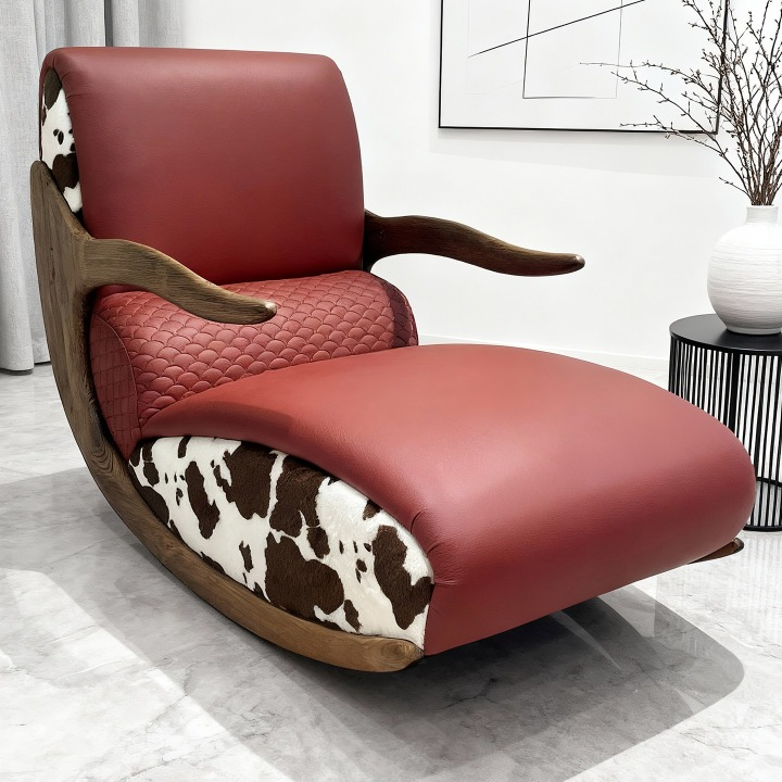 Mid Century Genuine Leather Chaise Lounge Chair with Ash Wood Arms, Wine Red Rocking Accent Chair, Designer Single Sofa Lounger for Living Room, Bedroom, Reading Nook and Lounge