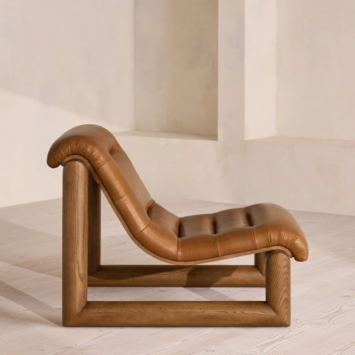 Brown Leather Lounge Chair, Low Profile Accent Chair with Solid Wood Sled Frame for Living Room, Bedroom, Hotel, Villa, Reading Corner