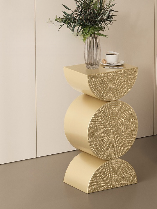 Gold Sculptural Side Table, Narrow End Table with Textured Wheat Pattern, Modern Accent Pedestal Table for Living Room, Bedroom, Sofa Side, Entryway, Apartment, and Small Spaces
