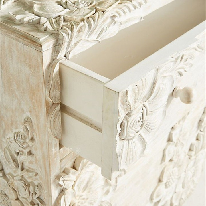 Whitewashed Floral Carved 3-Drawer Dresser Chest