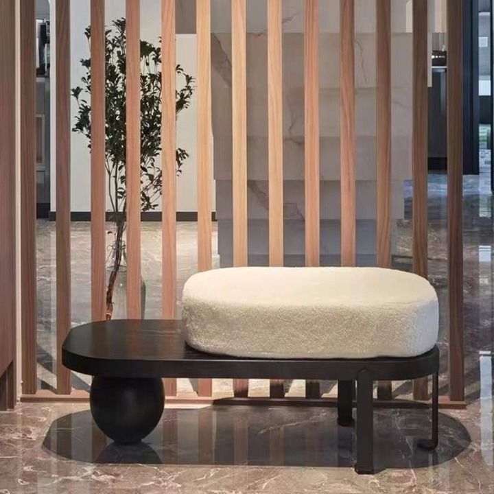 Black Wood Entryway Bench with Ivory Cushion and Display Shelf