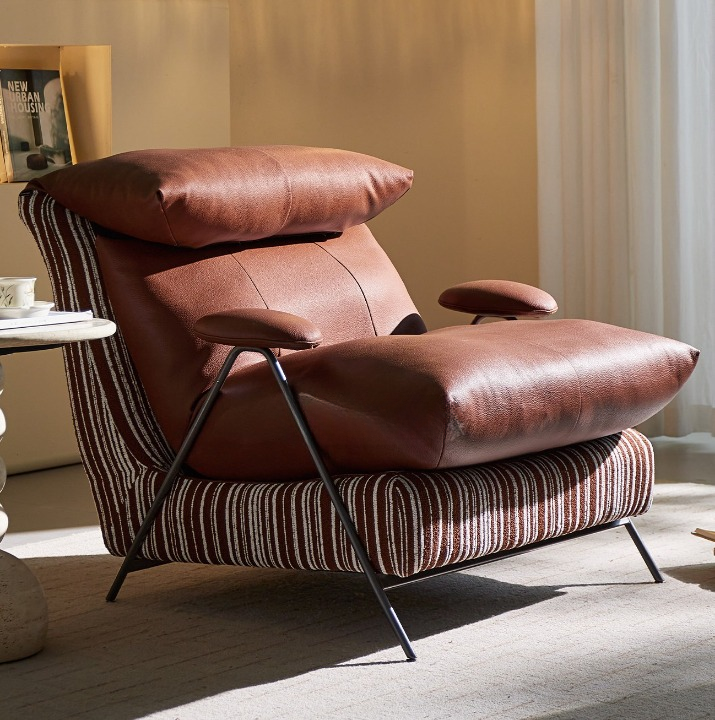 Vintage Accent Chair with Faux Leather Cushions, Striped Upholstered Lounge Chair with Metal Armrests, Single Sofa Chair for Living Room, Bedroom and Reading Nook