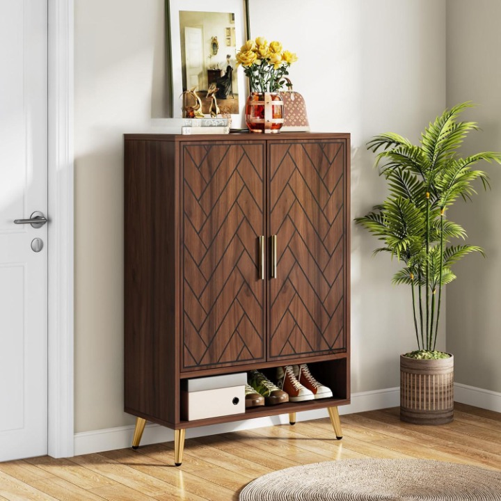 Walnut Shoe Storage Cabinet with Doors for Entryway